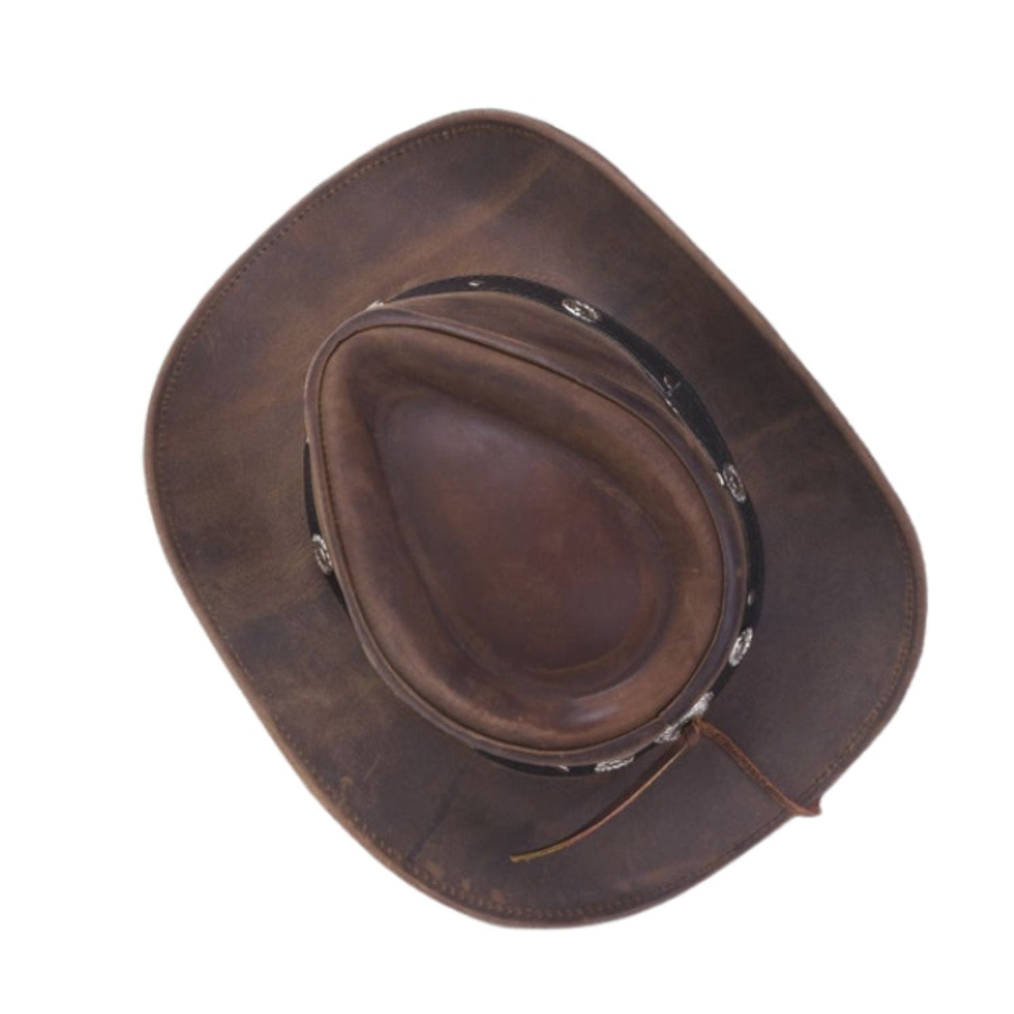 Felt Wide Brim Shape-able Brown Cowboy Hat 100% Real Leather Outback Australian Western Style Iron Cross Band close-up detail