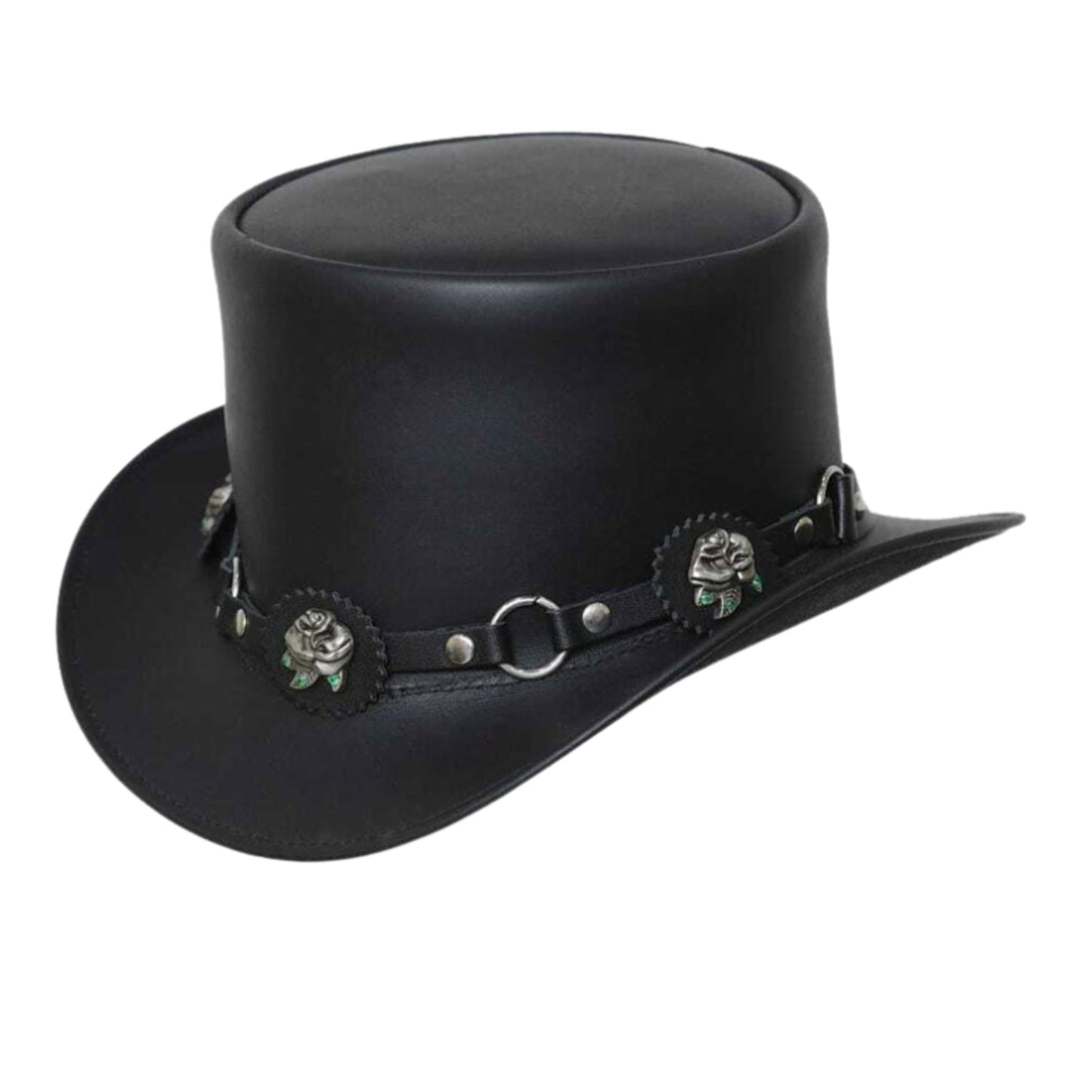 Steampunk Roses Band Black Leather Top Hat side view