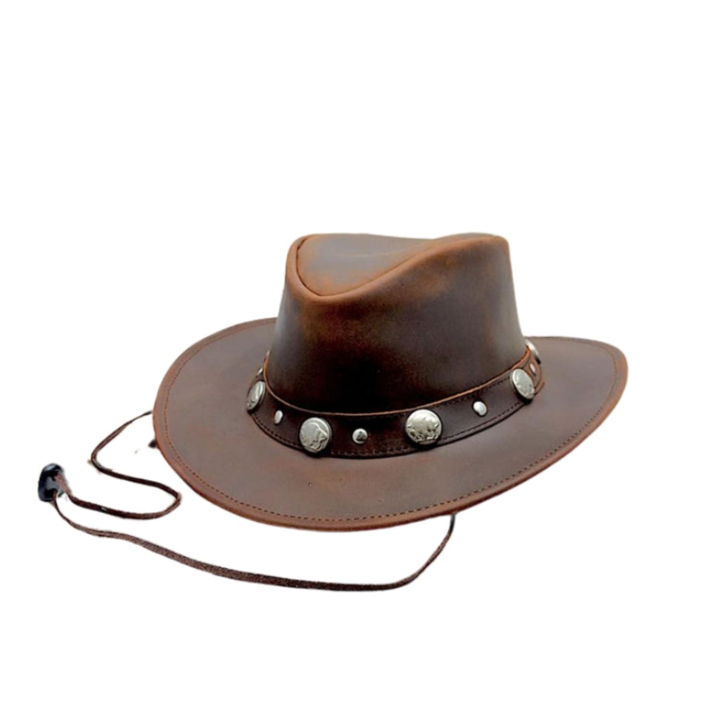 Men's Real Leather Bush Cowboy Buffalo Hat Outback Vintage Australian Western Style Antique Bull Conchos close-up detail