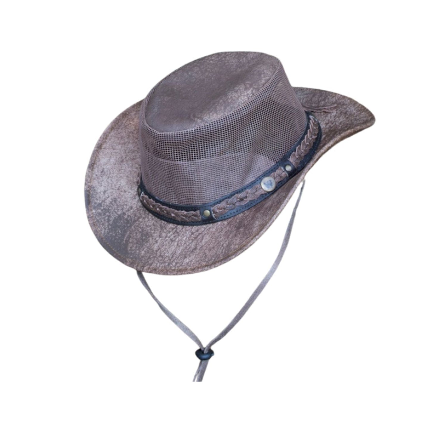 Wombat Foldable Brown Leather Hat shown from the front, highlighting the crown and brim shape
