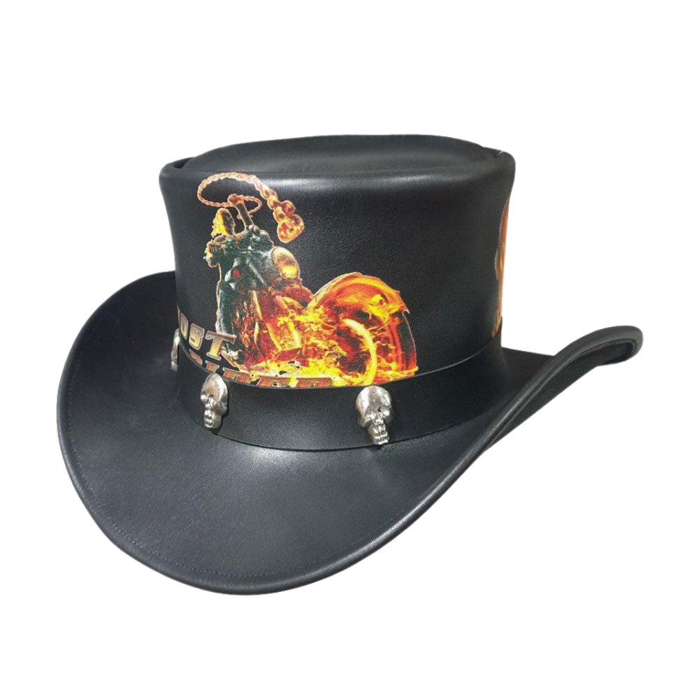 Steampunk Ghost Rider Black Leather Top Hat close-up detail