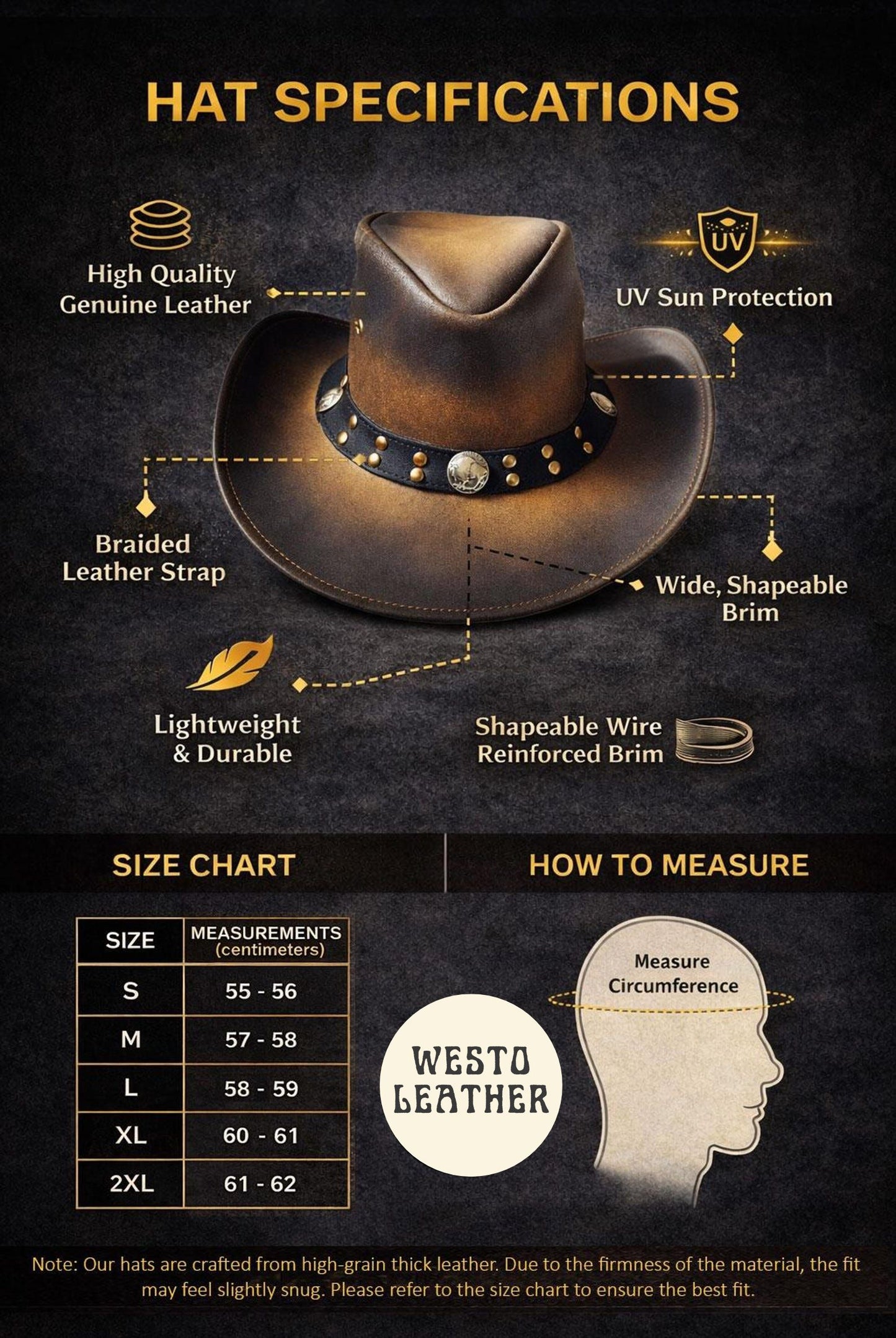 Infographic detailing the specifications and size chart of a Westo Leather hat.