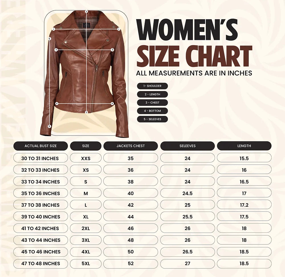 Women's leather jacket size chart with measurements in inches - Westo Leather