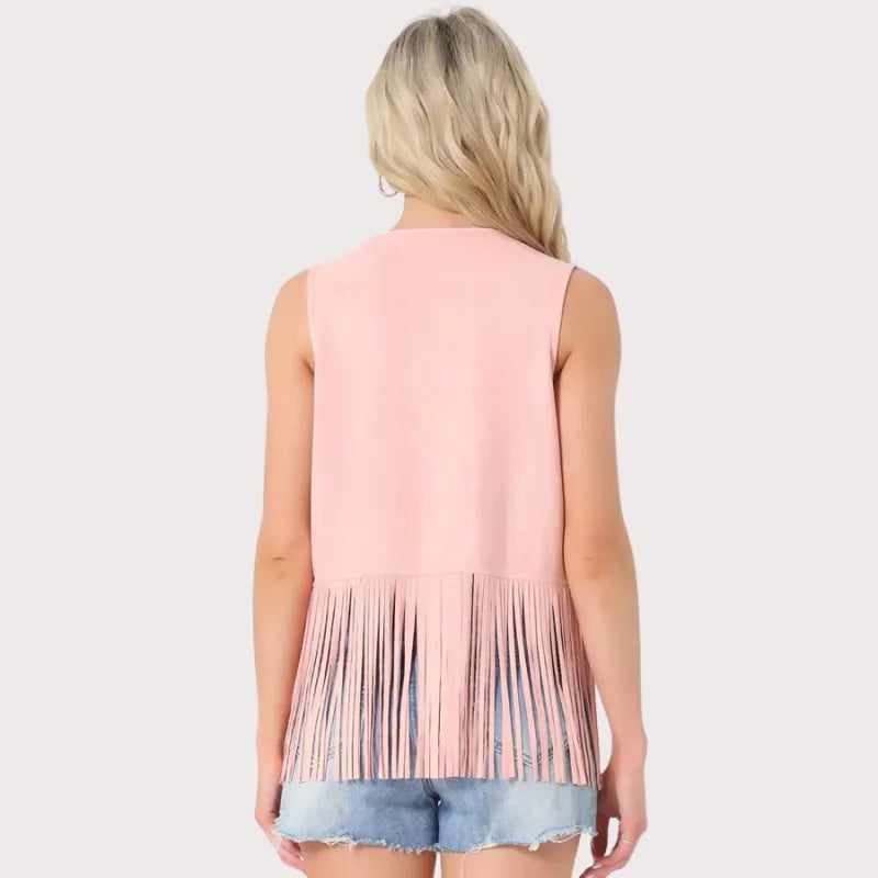 Women’s 70s Western Open Front Faux Suede Fringe Vest