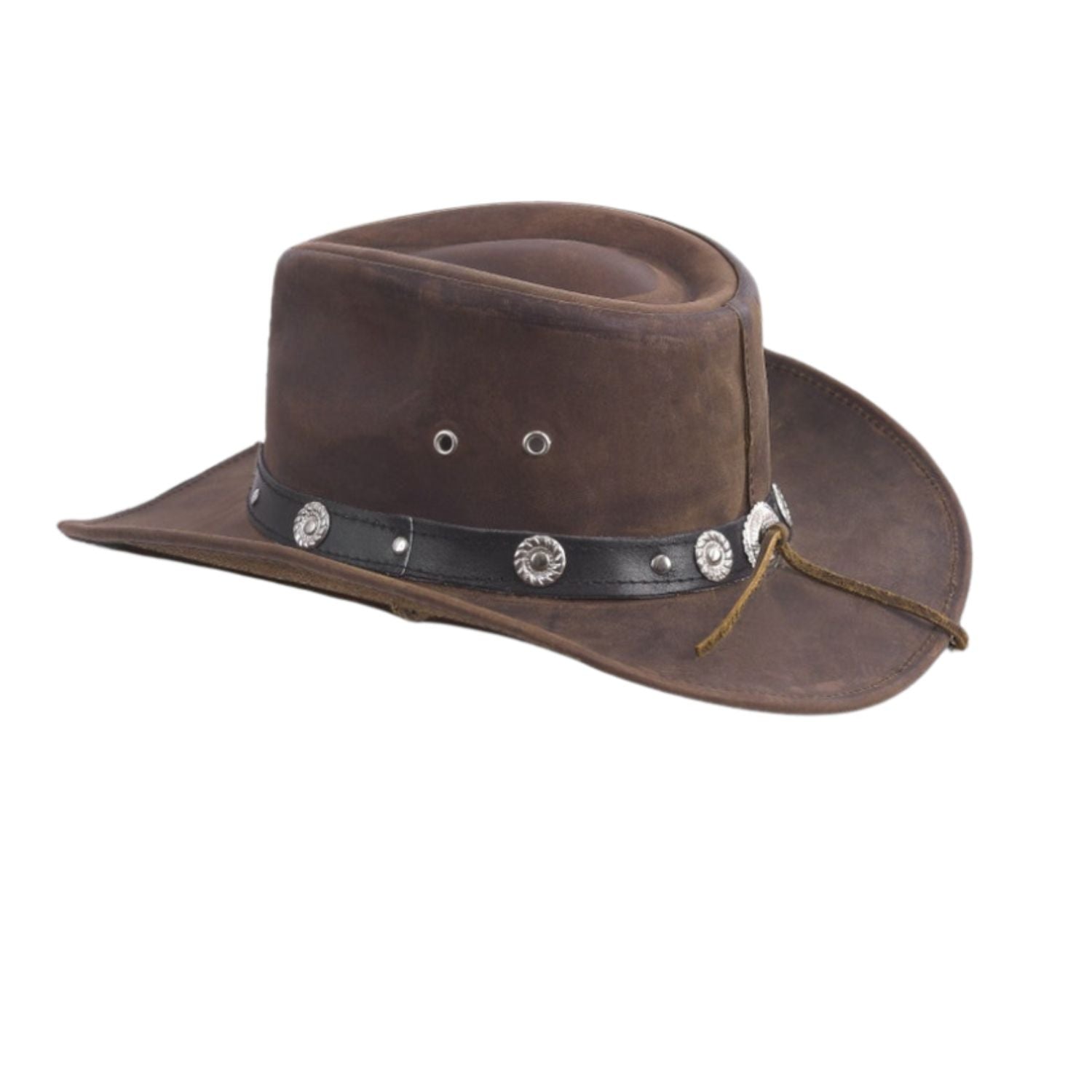 Felt Wide Brim Shape-able Brown Cowboy Hat 100% Real Leather Outback Australian Western Style Iron Cross Band side view