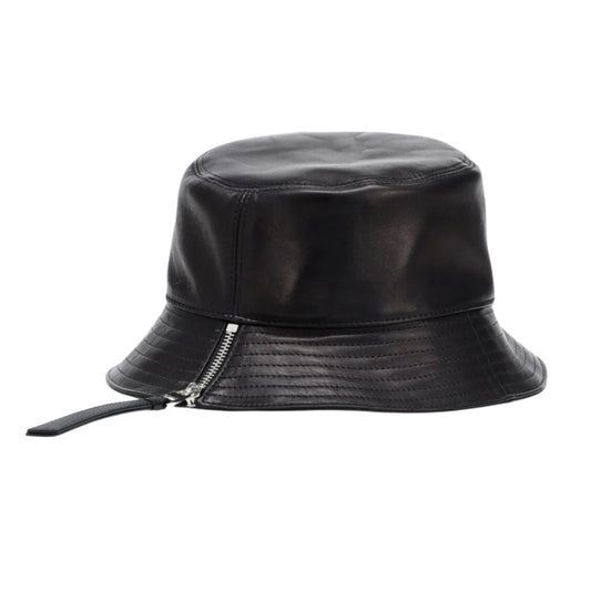A black faux-leather bucket hat with a front zipper and a small black pull tab, shown against a plain white background.