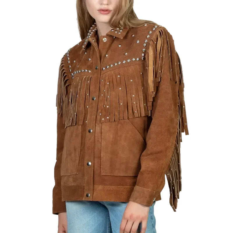 Brown Stuedded Fringe Leather Jacket