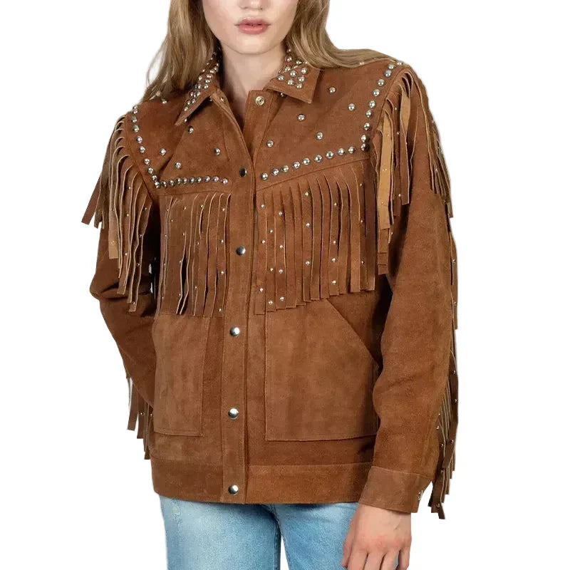Brown Stuedded Fringe Leather Jacket