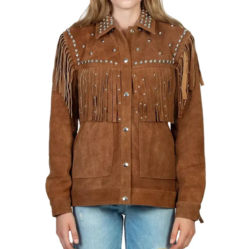 Brown Stuedded Fringe Leather Jacket