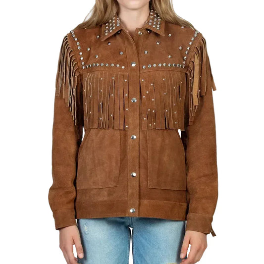 Brown Stuedded Fringe Leather Jacket