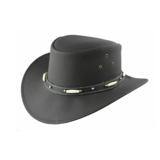 Black Australian Bush Hat Aussie Style Rain Proof Australian Leather Bush Hat shown from the front, highlighting the crown and brim shape