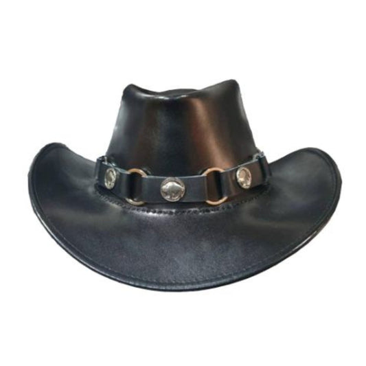 Black Leather Cowboy Hat Buffalo Concho Hat shown from the front, highlighting the crown and brim shape