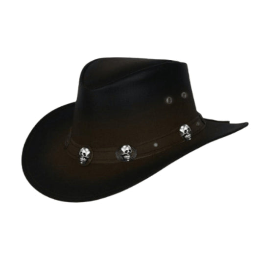 Black Skull Cowboy Hat Skulled Black Cowboy Hat Black Cowboy Hat with Skull Band shown from the front, highlighting the crown and brim shape