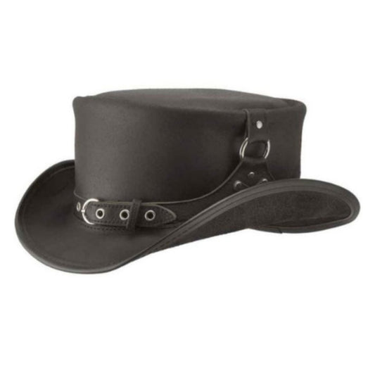Black Stylish Hat with Buckle and Ring Steampunk Cowhide Leather Top Hat Stylish Top Hat shown from the front, highlighting the crown and brim shape
