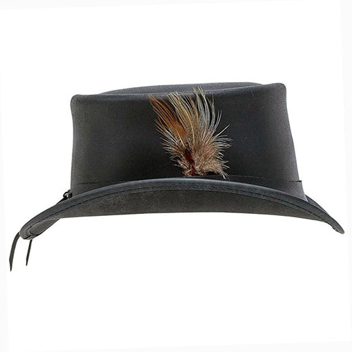 Black Top Hat 100% Handmade with Cowhide Leather Hat shown from the front, highlighting the crown and brim shape
