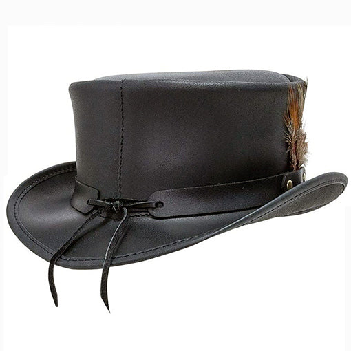 Black Top Hat 100% Handmade with Cowhide Leather Hat side profile view showing the brim curve and band detail