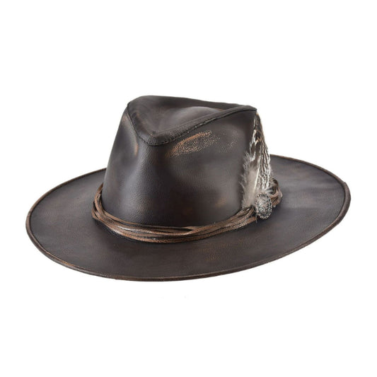 Bullhide Chocolate Distressed One-Off Leather Western Outback Hat shown from the front, highlighting the crown and brim shape