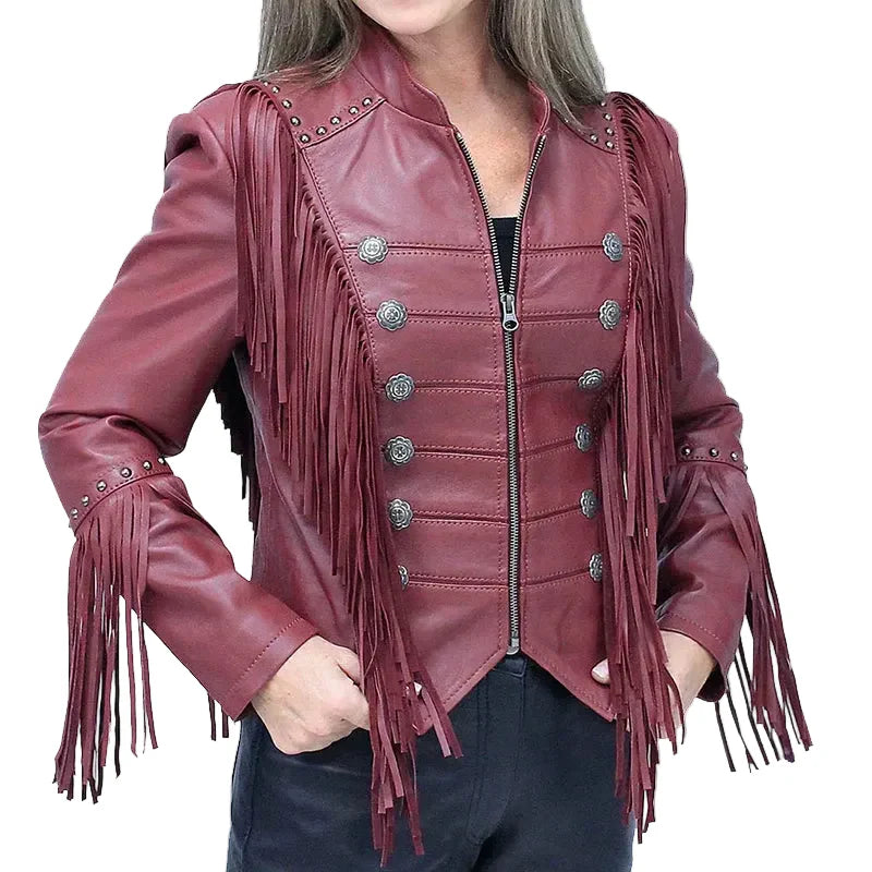 Burgundy Fringed Leather Jacket