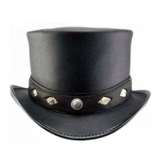El Dorado Top Hat Leather El Dorado Hat With Stylish Band shown from the front, highlighting the crown and brim shape