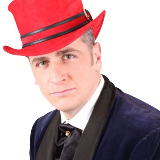 A man wearing a bright red top hat with black bands, a dark navy velvet jacket, and a black bow tie, photographed against a plain white background.