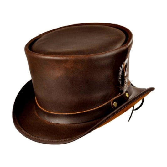 Feather Top Hat Buffalo Leather Top Hat Top Hat With Feather shown from the front, highlighting the crown and brim shape