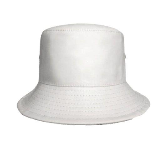 Fisherman Bucket Hat Leather White Winter Bucket Fisherman Hat shown from the front, highlighting the crown and brim shape
