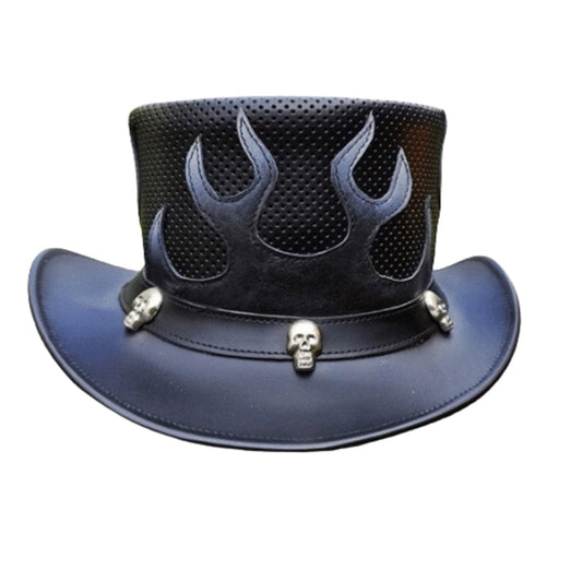 Flame Hat Leather Flame Top Hat Flames Hat shown from the front, highlighting the crown and brim shape