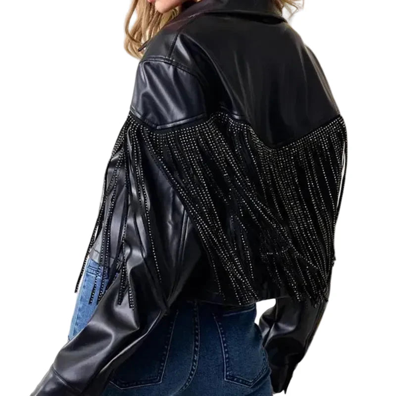 Fringe Stud Details Leather Jacket