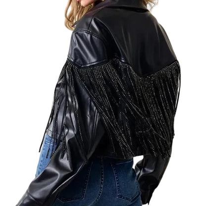 Fringe Stud Details Leather Jacket