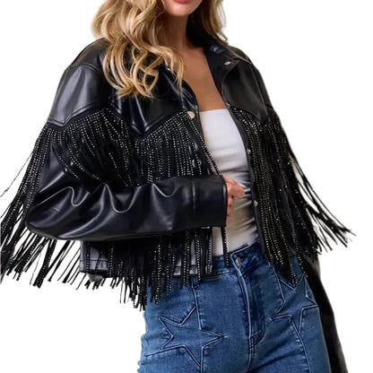 Fringe Stud Details Leather Jacket