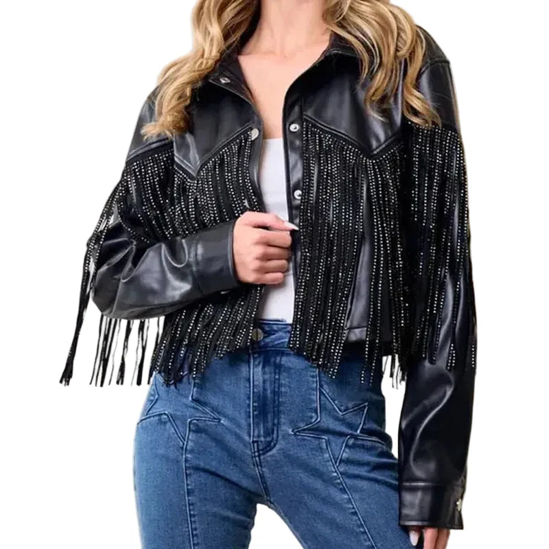 Fringe Stud Details Leather Jacket