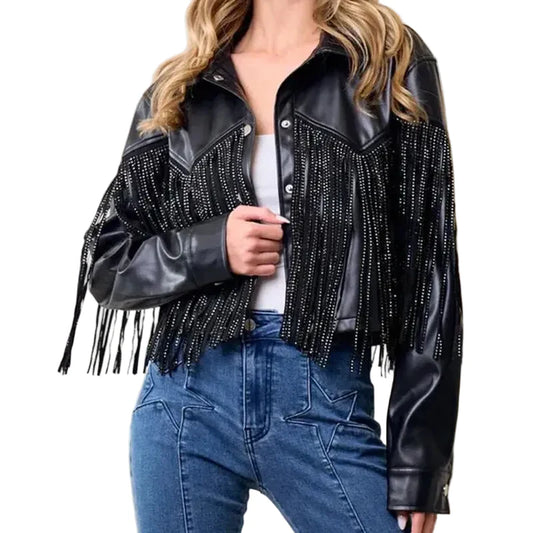 Fringe Stud Details Leather Jacket