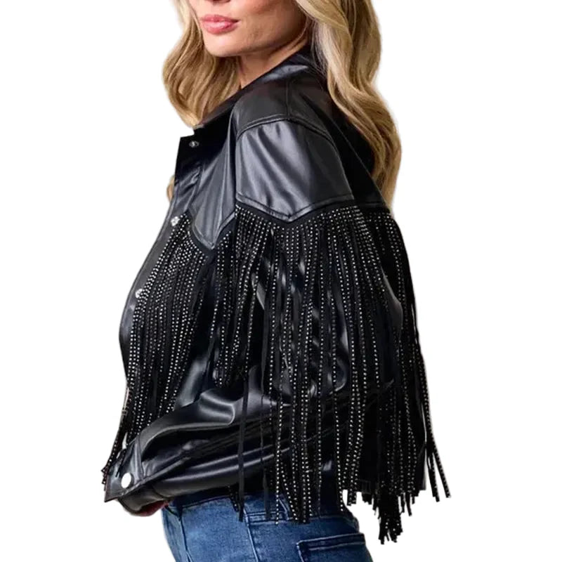 Fringe Stud Details Leather Jacket