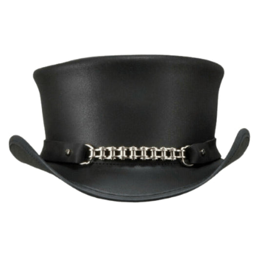 Hat with Chain Metal Chain Top Hat Metal Chain Hat shown from the front, highlighting the crown and brim shape
