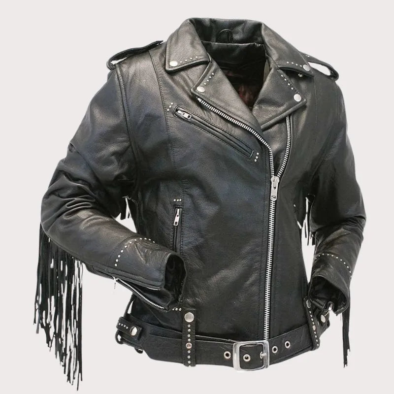 Ladies Stud And Fringe Leather Jacket