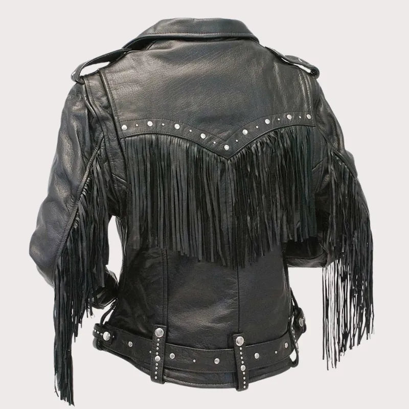 Ladies Stud And Fringe Leather Jacket