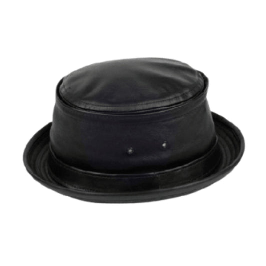 Leather Bucket Hat Black Leather Bucket Hat shown from the front, highlighting the crown and brim shape