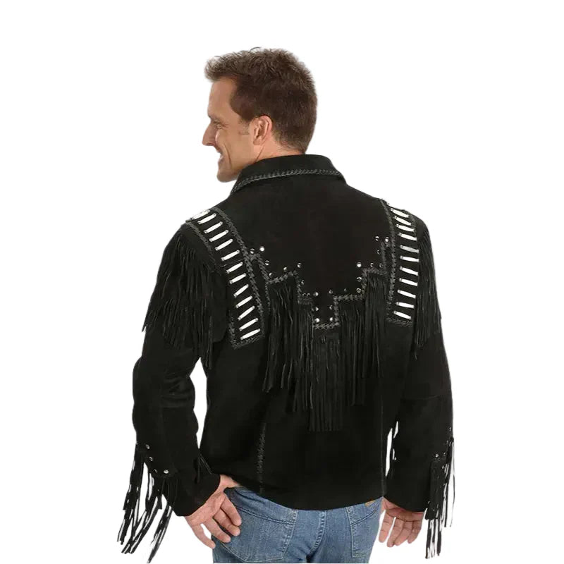 Men Black Western Fringes With Roundhead Studs