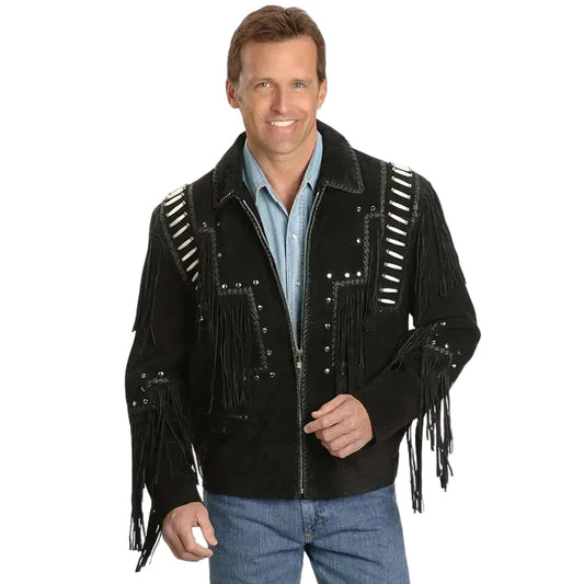 Men Black Western Fringes With Roundhead Studs