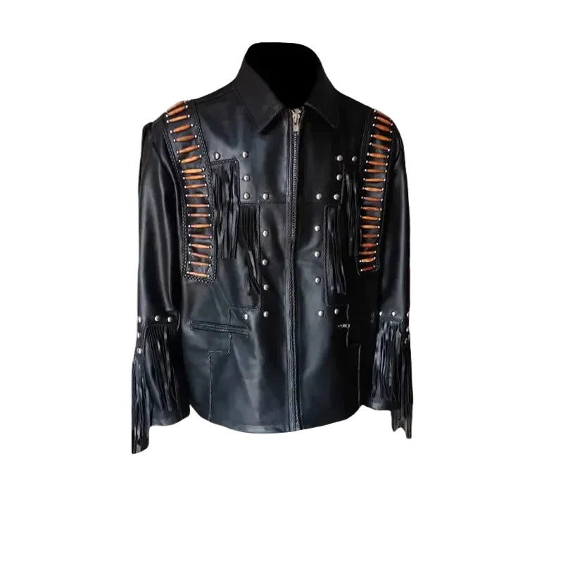 Men Black Western Fringes With Roundhead Studs