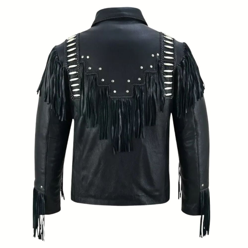 Men Black Studded Fringes White Beads Leather Jacket