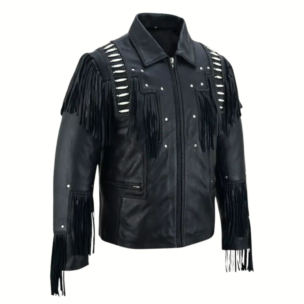 Men Black Studded Fringes White Beads Leather Jacket