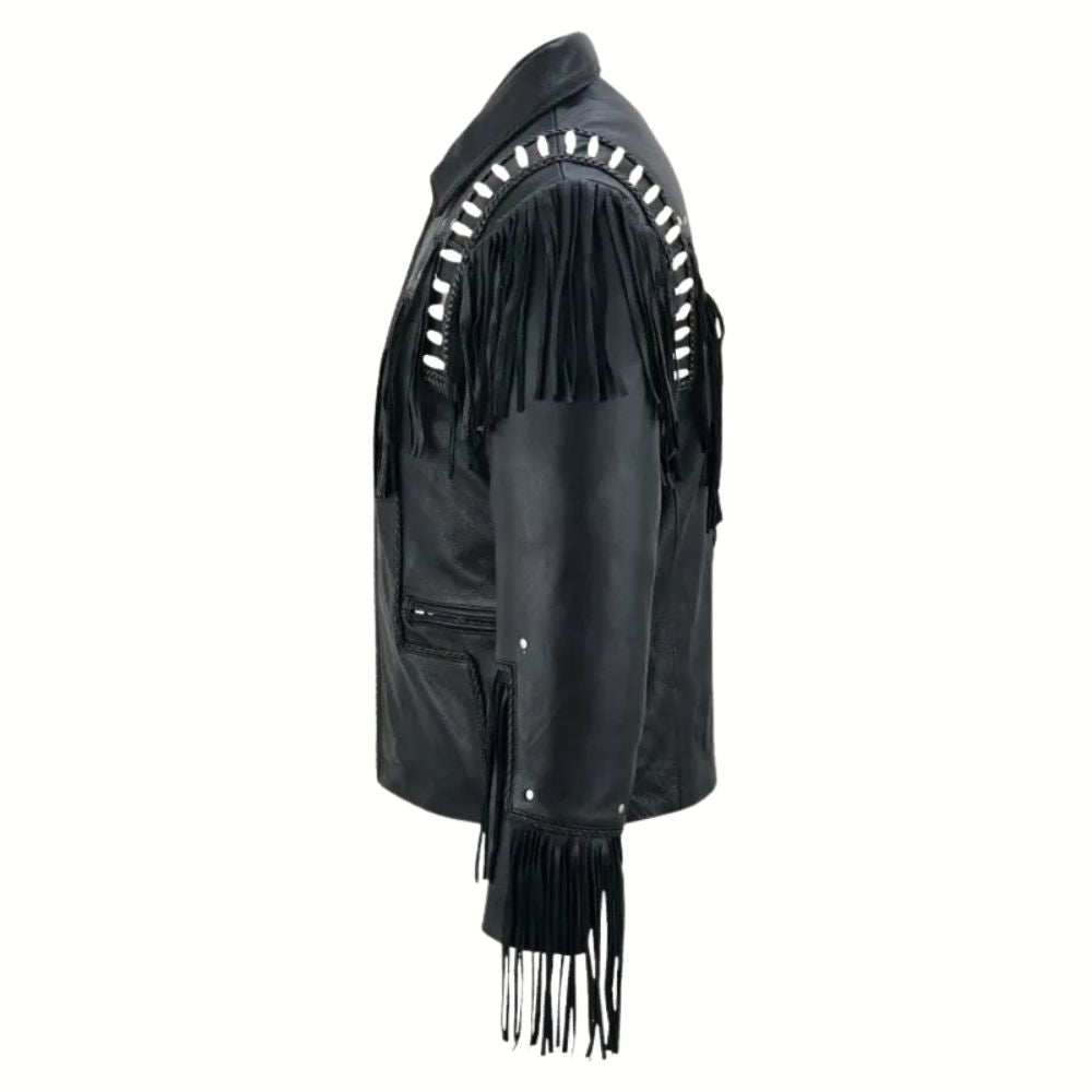Men Black Studded Fringes White Beads Leather Jacket