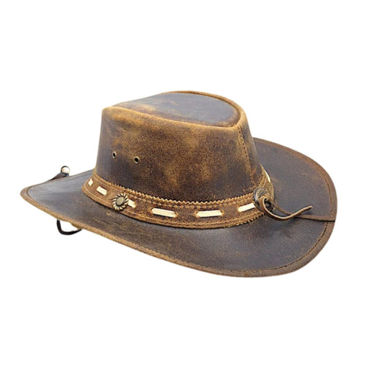 Men's Brown 100% Real Leather Bush Cowboy Buffalo Hat shown from the front, highlighting the crown and brim shape