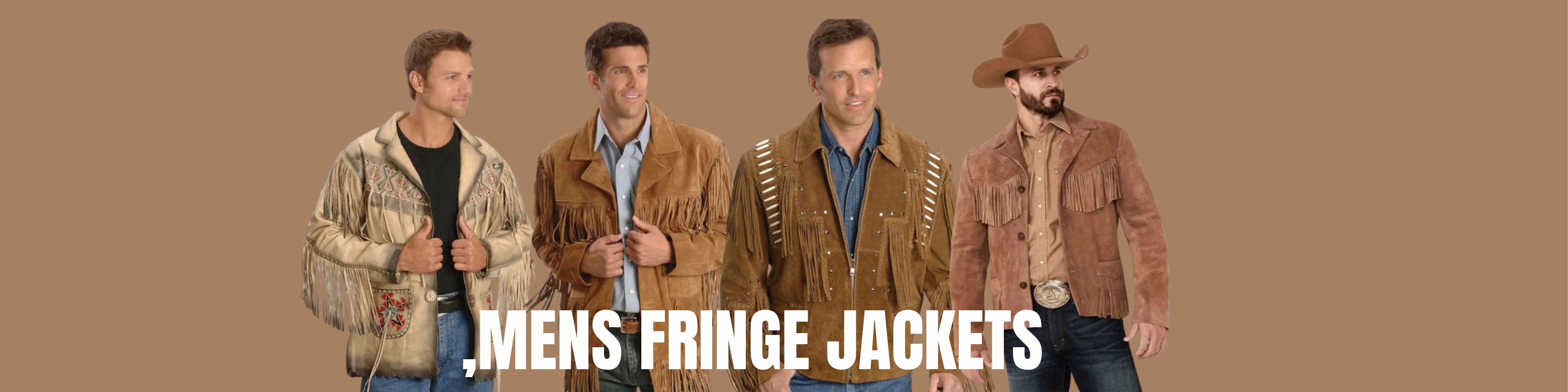 Four men wearing fringed jackets on a brown background with 'Mens Fringe Jackets' text - Westo Leather