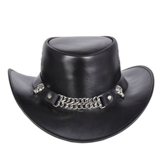 Mens Gambler Cowboy Hat with Metal Chain Black Gambler Cowboy Hat shown from the front, highlighting the crown and brim shape