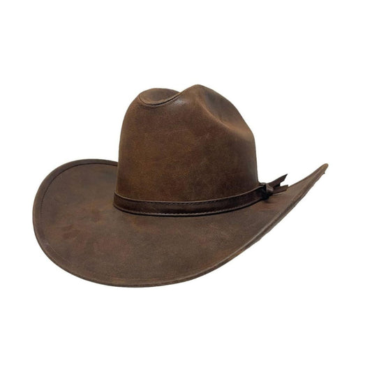 Mens Leather Cattleman Cowboy Hat with Leather Hat Band shown from the front, highlighting the crown and brim shape