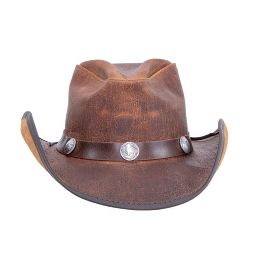 Mens Leather Cowboy Hat shown from the front, highlighting the crown and brim shape
