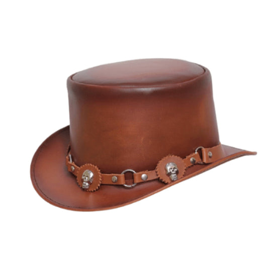 Mens Steampunk Top Hat Leather Cowhide Brown Steampunk Top Hat shown from the front, highlighting the crown and brim shape