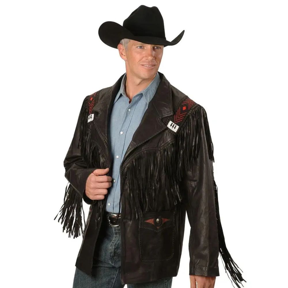 Mens Western Black Suede Fringe Leather Jacket